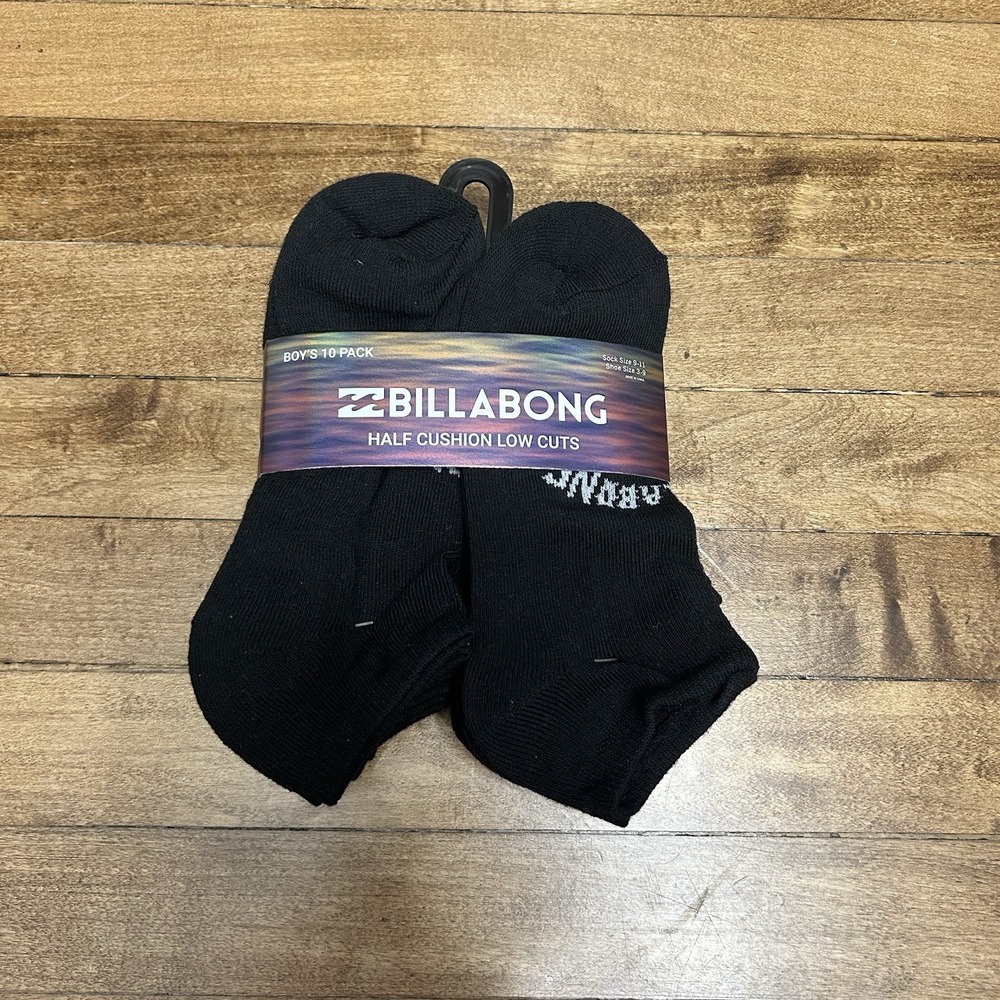 Billabong Boys 10 Pack Black Half Cushion Low Cut Socks Size 9-11 Shoe 3-5‎